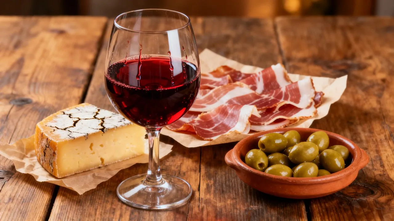Španělské tapas a sklenka červeného vína tempranillo