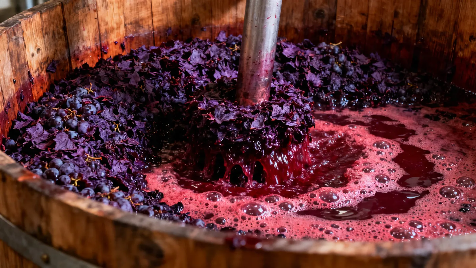 Ponorné čerpání v dubové kádi: vrstva slupek se zatlačuje do kvasícího červeného moštu